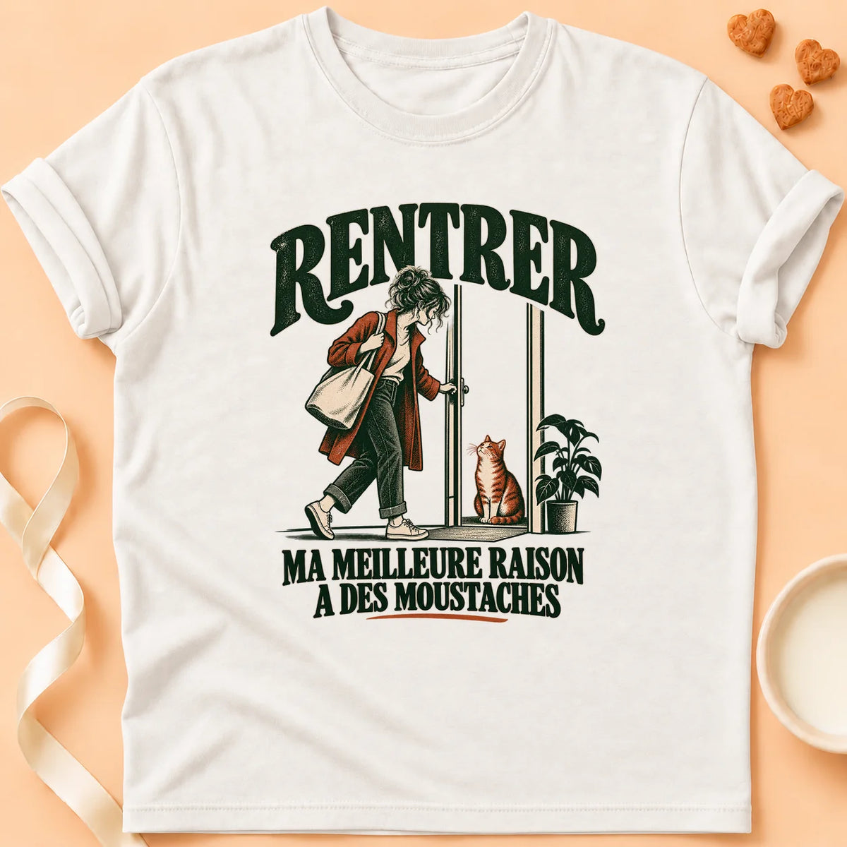 T-shirt chat Patoume – T-shirt Rentrer moustaches – Blanc