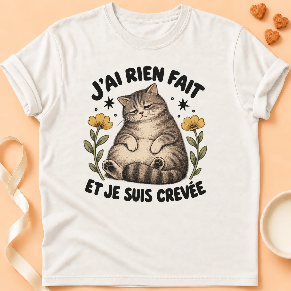 T-shirt chat Patoume – T-shirt Je suis crevée – Blanc
