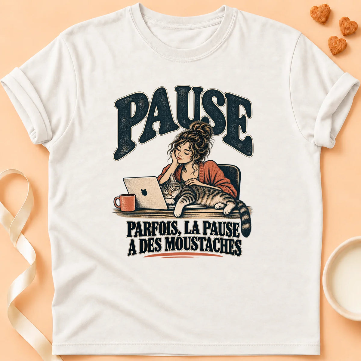 T-shirt chat Patoume – T-shirt Pause moustaches – Blanc