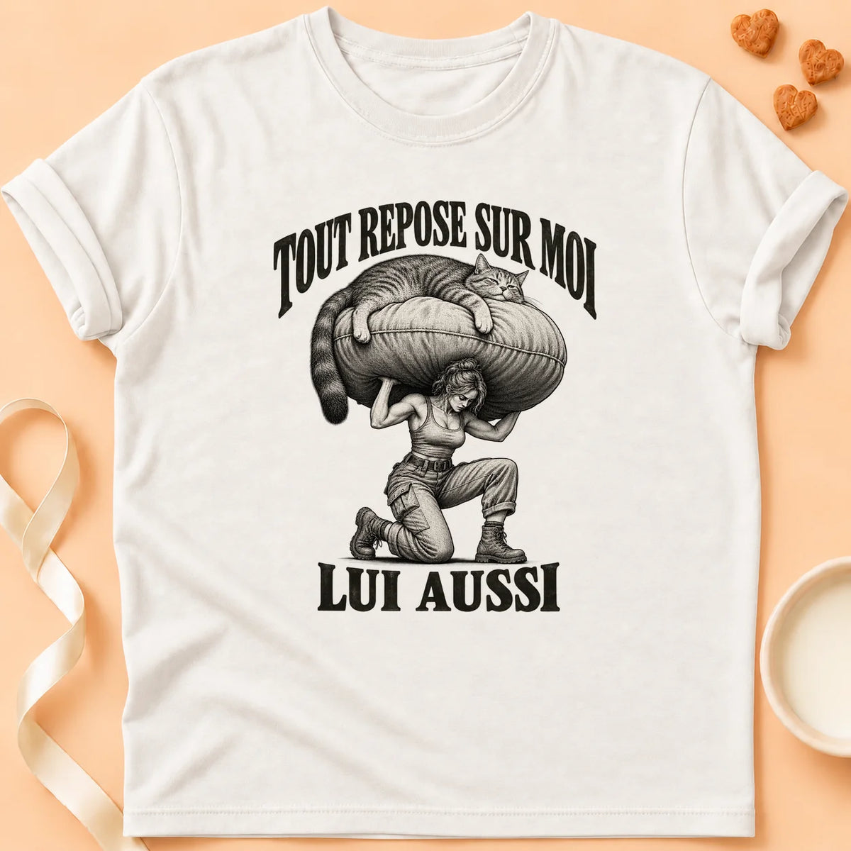T-shirt chat Patoume – T-shirt Tout repose sur lui – Blanc
