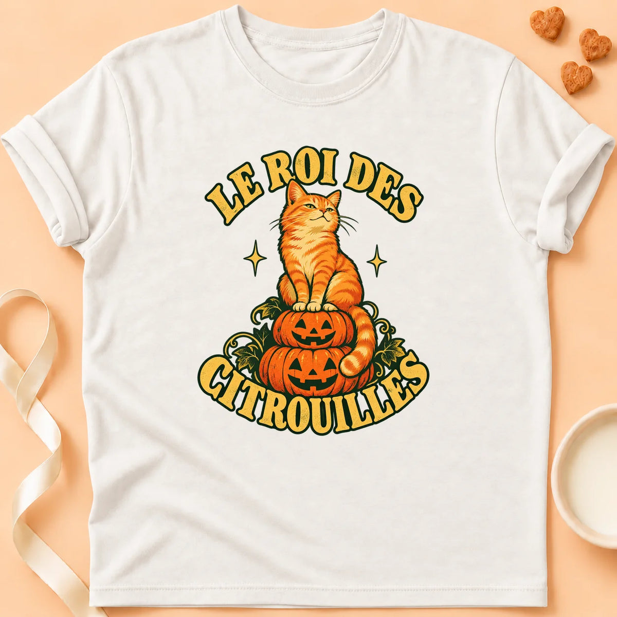 T-shirt chat Patoume – T-shirt Le roi des citrouilles – Blanc