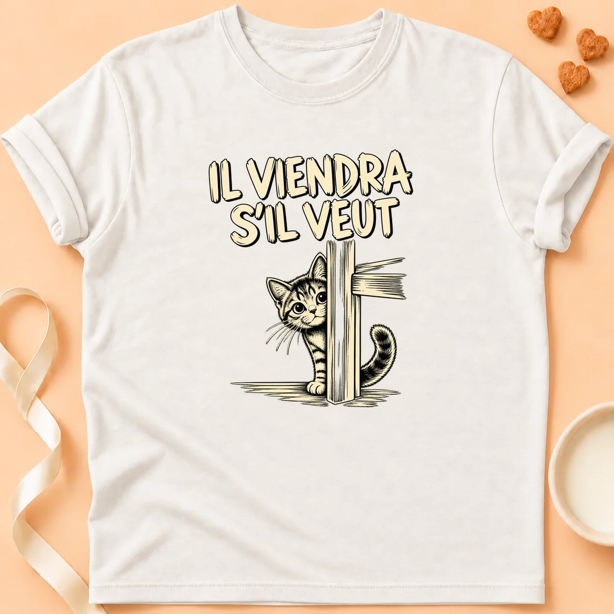T-shirt chat Patoume – T-shirt Il viendra s’il veut – Blanc