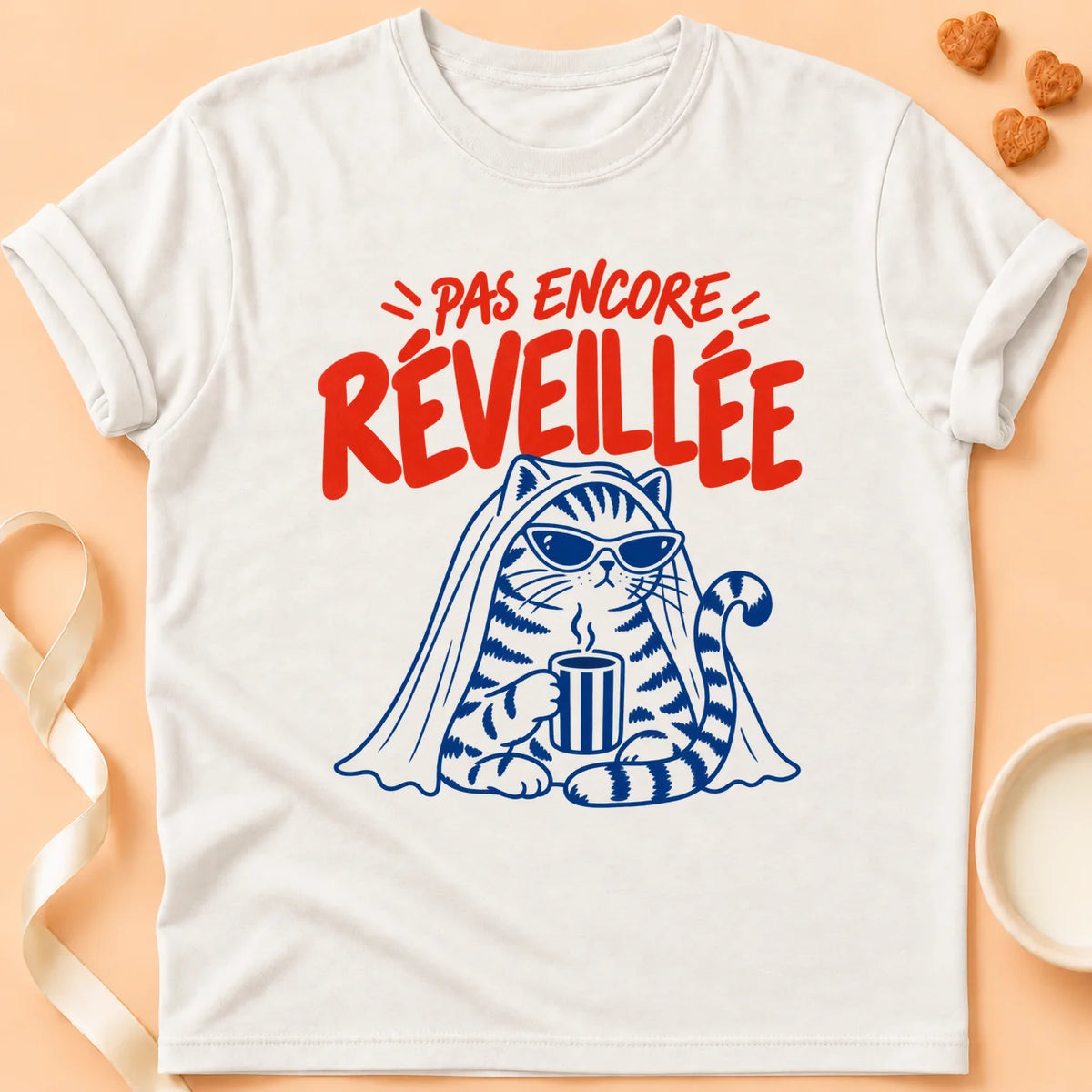 T-shirt chat Patoume – T-shirt Pas encore réveillée – Blanc