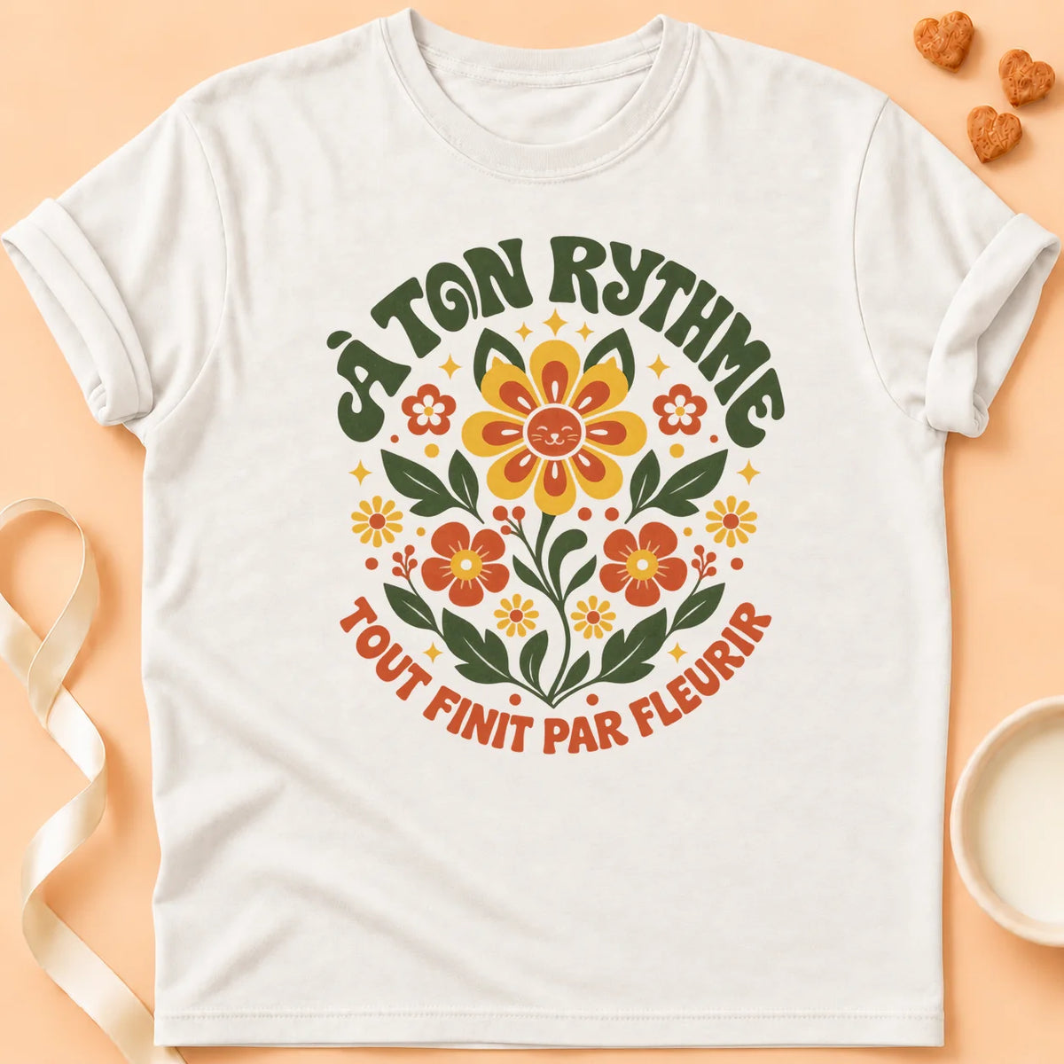 T-shirt chat Patoume – T-shirt Fleurir – Blanc