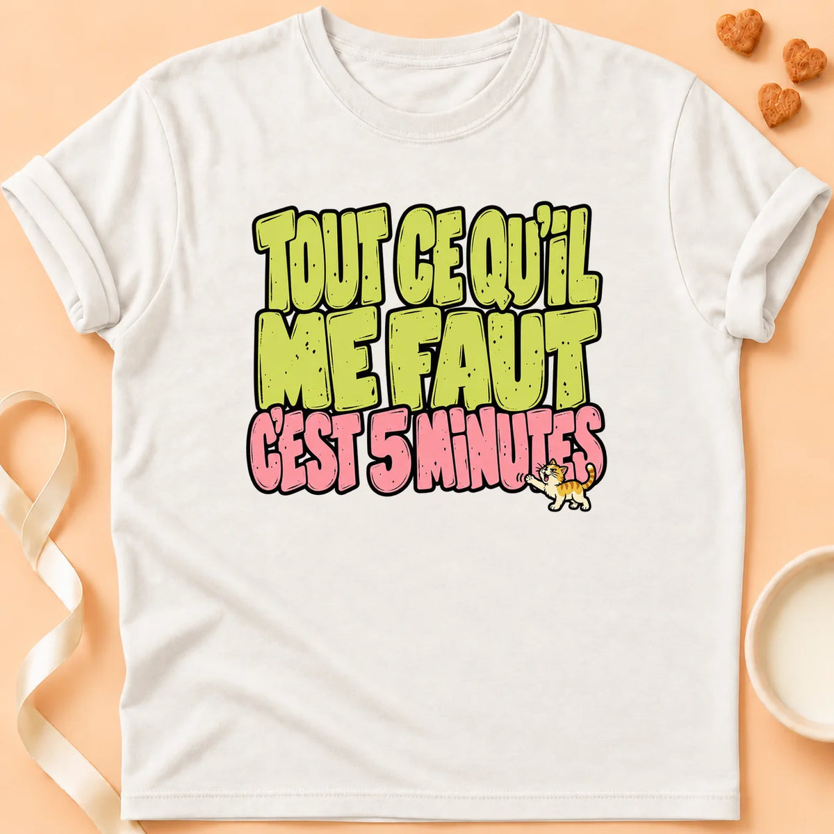 T-shirt chat Patoume – T-shirt Que 5 minutes – Blanc