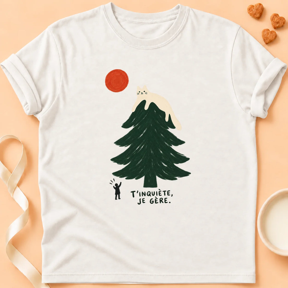 T-shirt chat Patoume – T-shirt T’inquiète je gère – Blanc