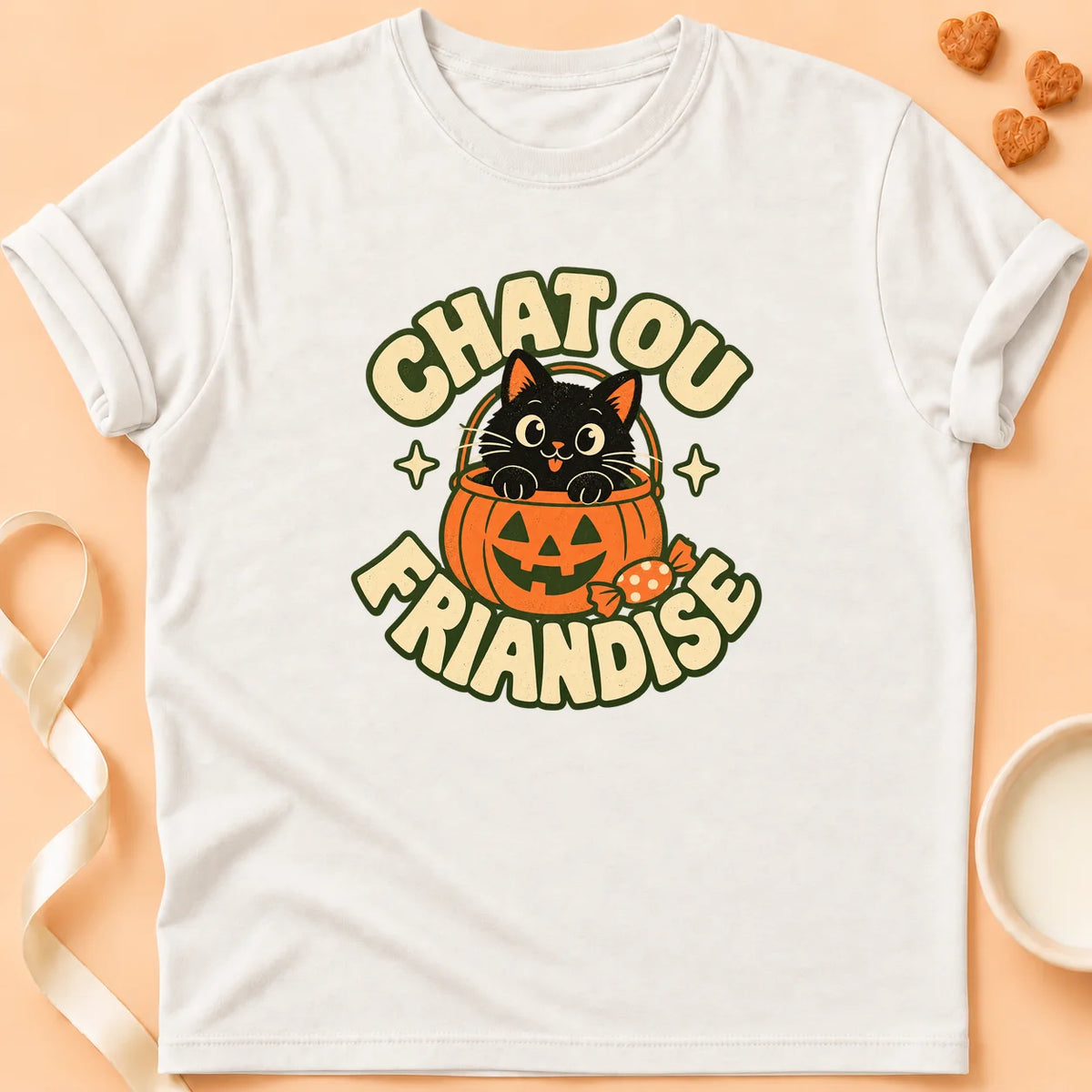 T-shirt chat Patoume – T-shirt Chat ou friandise – Blanc