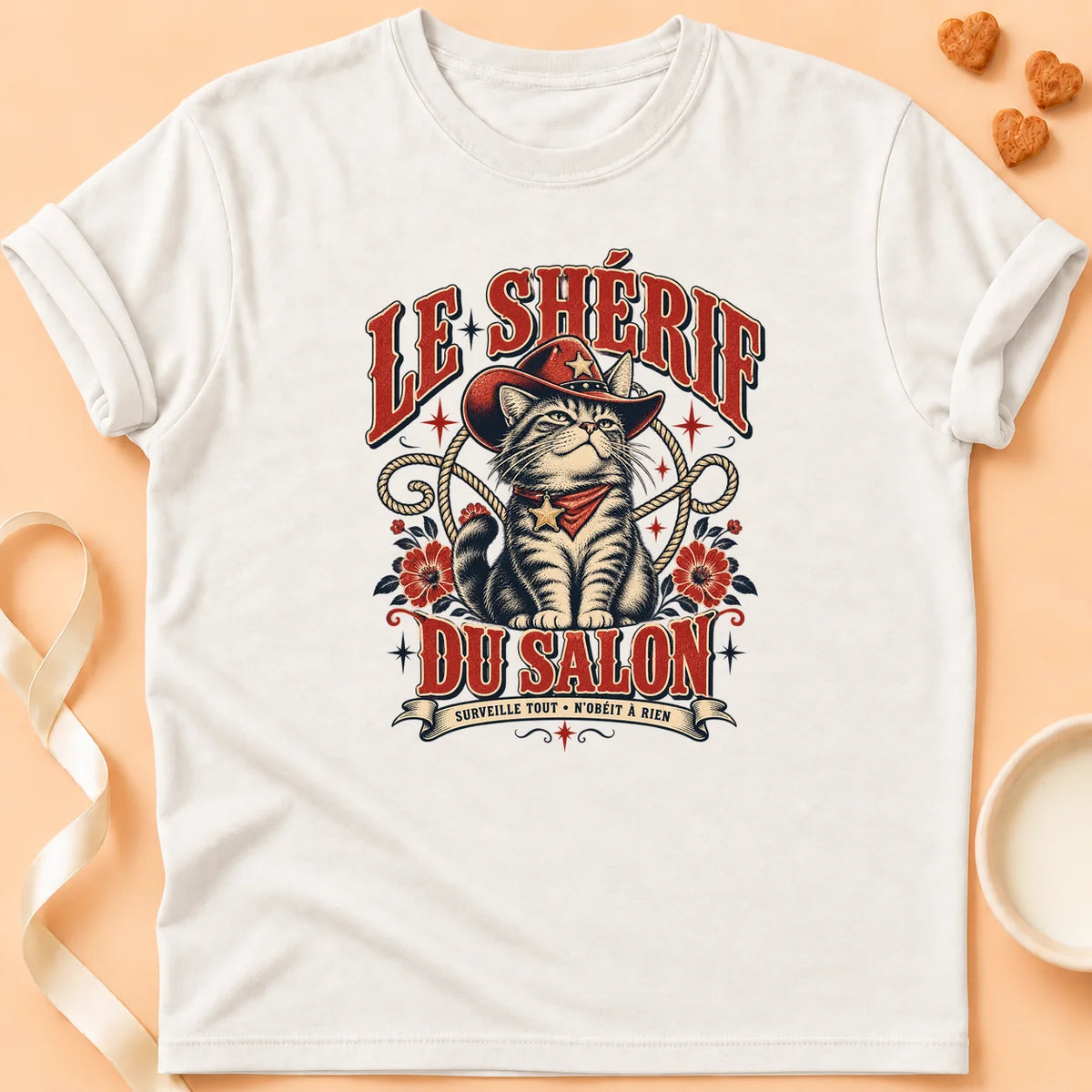 T-shirt chat Patoume – T-shirt Le shérif du – Blanc