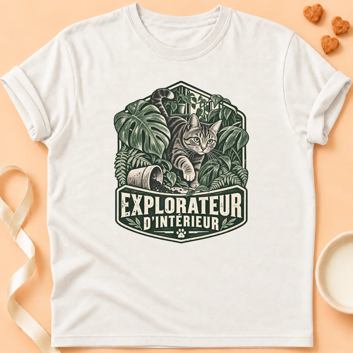 T-shirt chat Patoume – T-shirt Explorateur d’intérieur – Blanc
