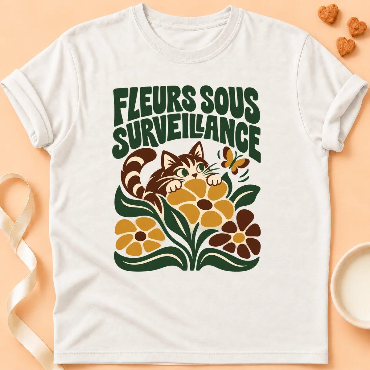 T-shirt chat Patoume – T-shirt Fleurs sous surveillance – Blanc