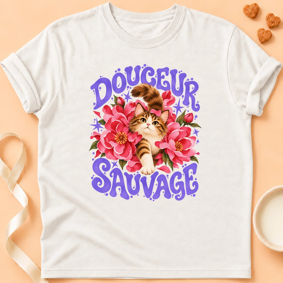 T-shirt chat Patoume – T-shirt Douceur sauvage – Blanc