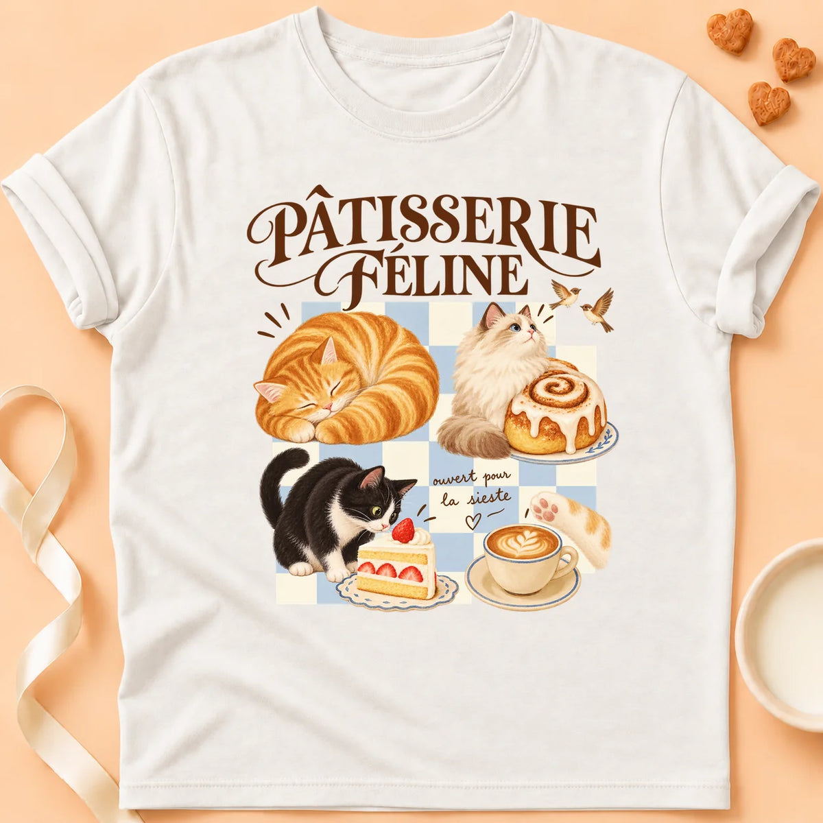 T-shirt chat Patoume – T-shirt Patisserie féline – Blanc