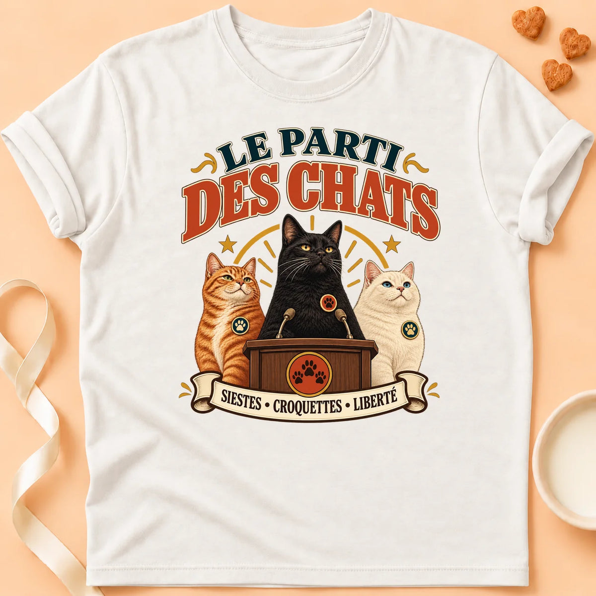 T-shirt chat Patoume – T-shirt Parti des chats – Blanc