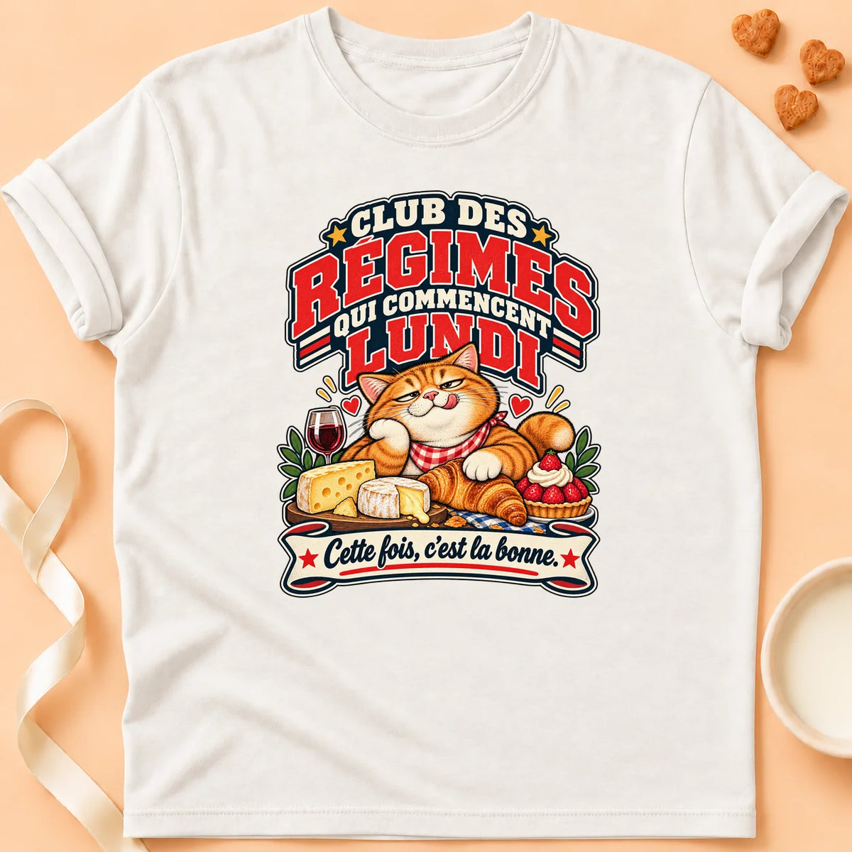 T-shirt chat Patoume – T-shirt Je commence Lundi le régime – Blanc
