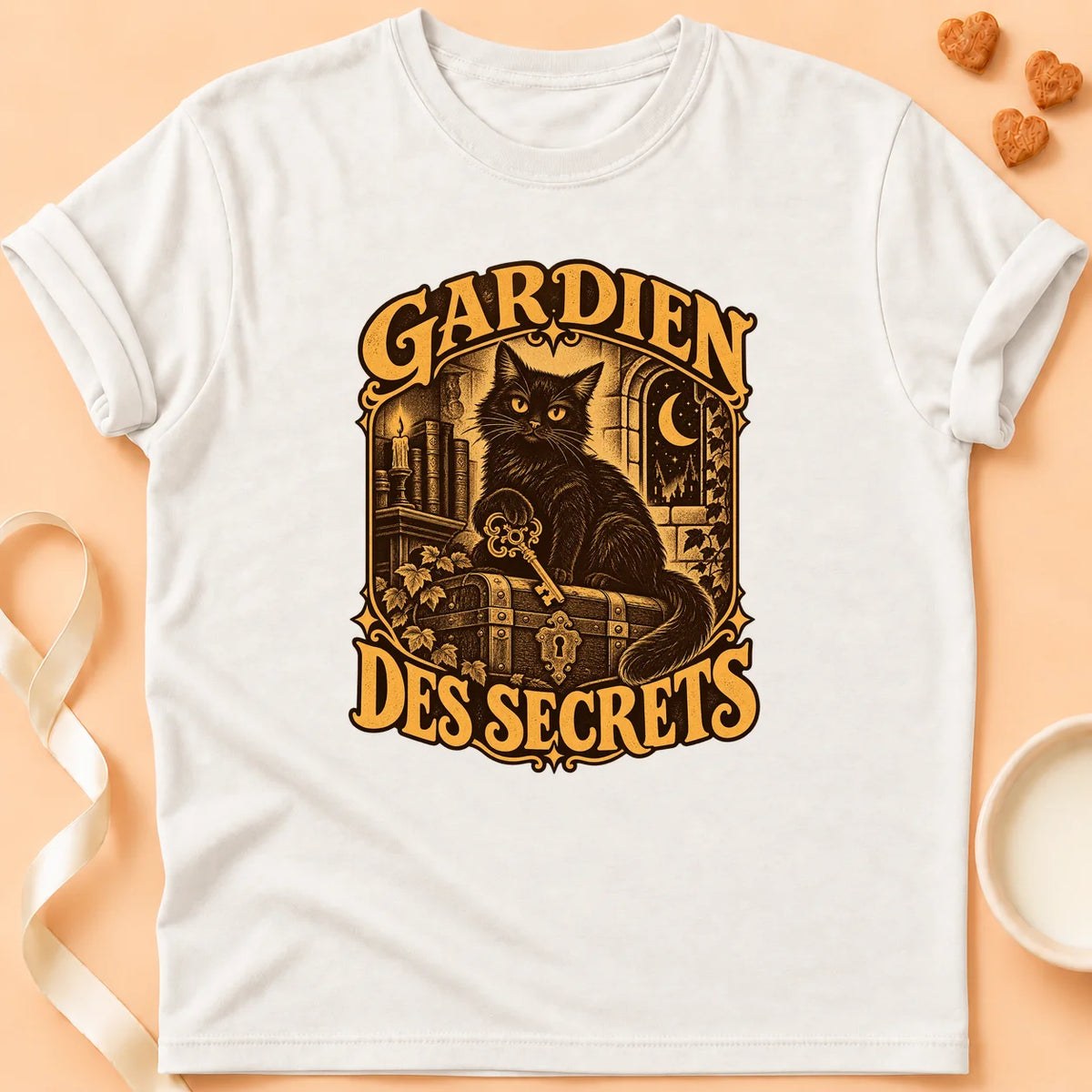 T-shirt chat Patoume – T-shirt Gardien des secrets – Blanc