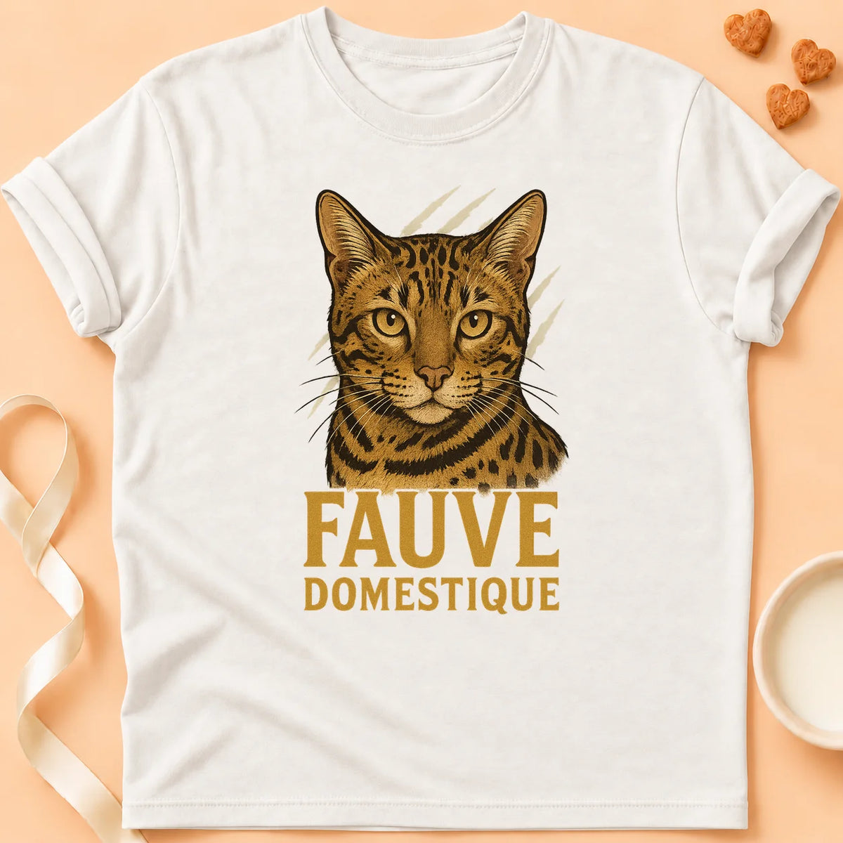 T-shirt chat Patoume – T-Shirt Fauve – Blanc