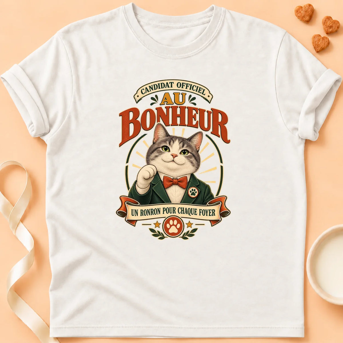 T-shirt chat Patoume – T-shirt Candidat au bonheur – Blanc