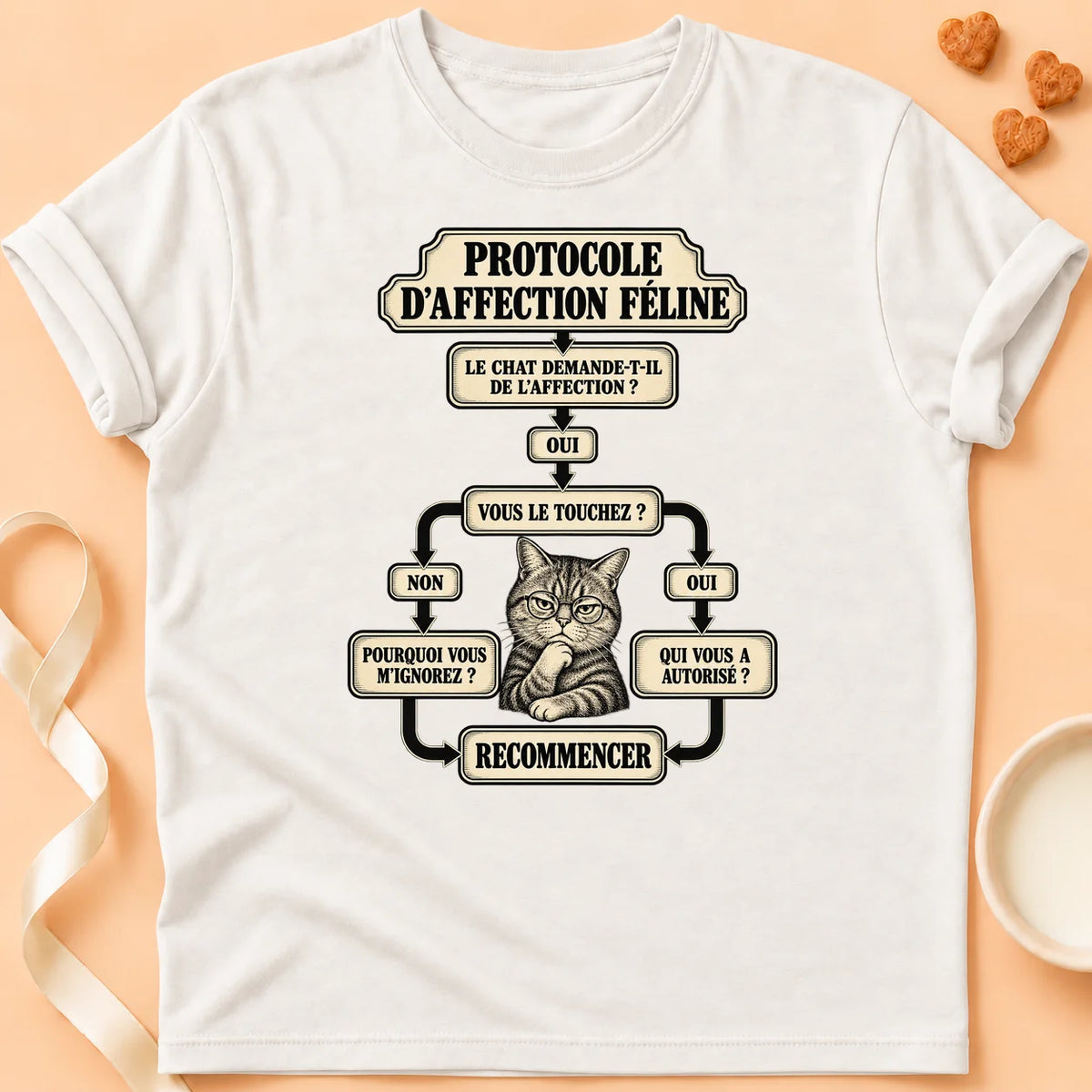 T-shirt chat Patoume – T-shirt Protocole d’affection – Blanc