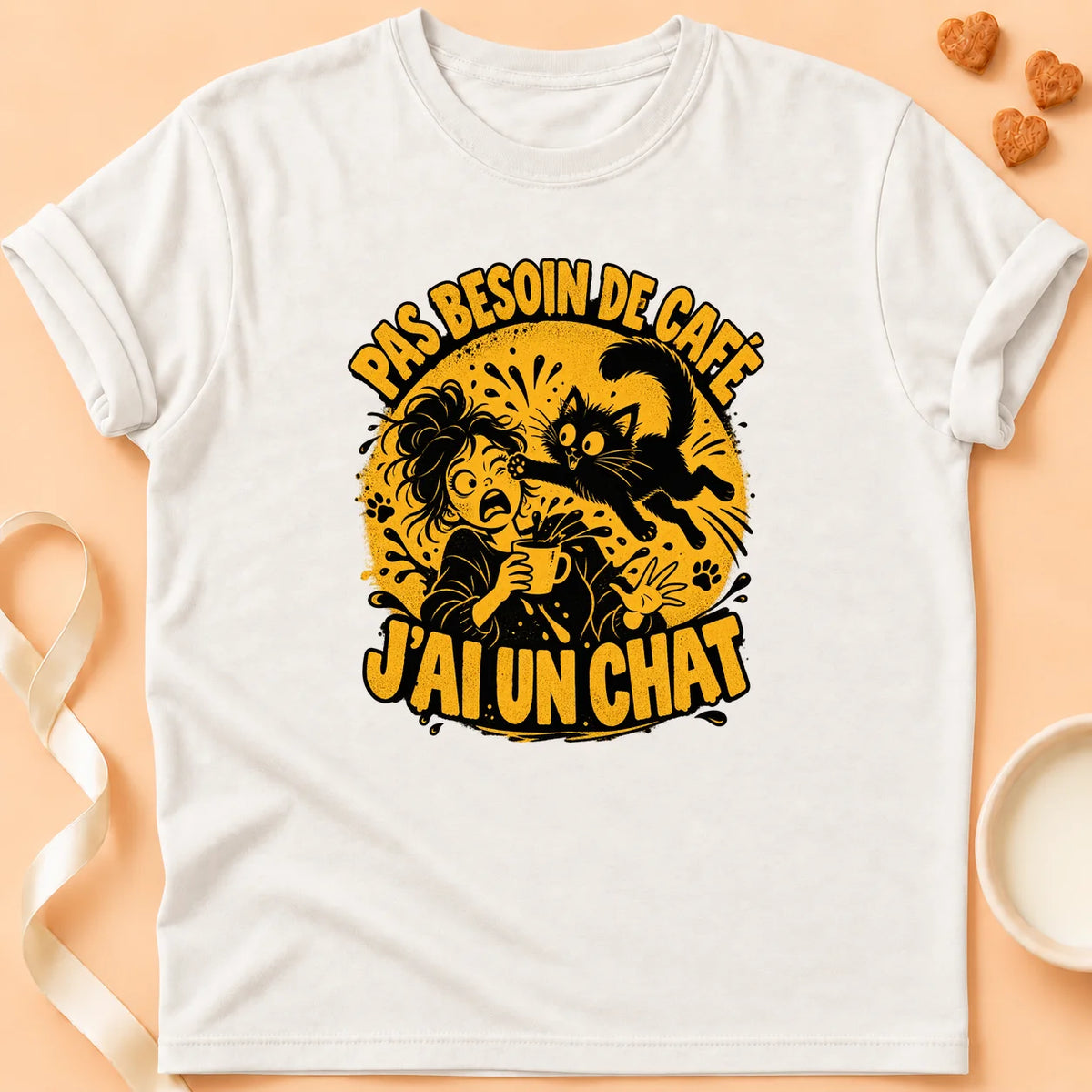 T-shirt chat Patoume – T-shirt Pas besoin de café – Blanc